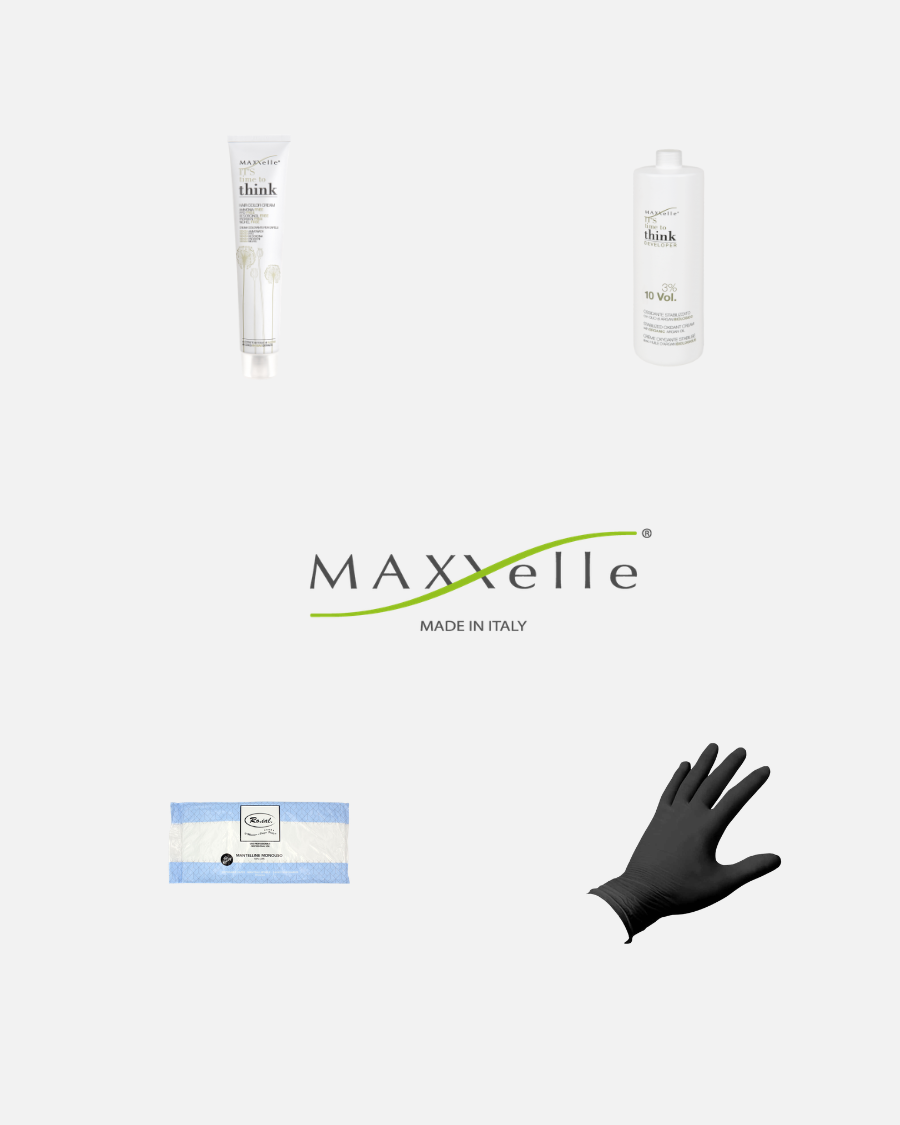 Bundle Tinta Maxxelle: Maxxelle Think Crema Colorante 100ml + Think Developer 150ml 20vol + coppia di guanti in nitrile + mantellina monouso